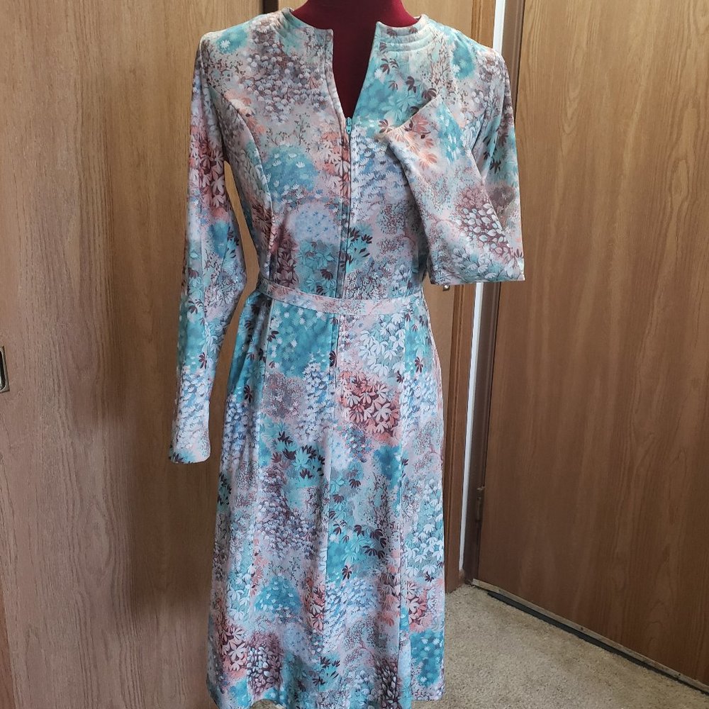 Vintage Pastel Garden-Print Dress w/Sash